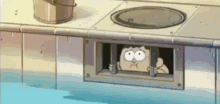 a cartoon character is peeking out of a hole in a wall .