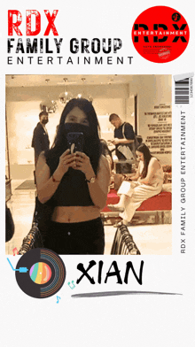 a poster for rdx family group entertainment with a woman taking a selfie