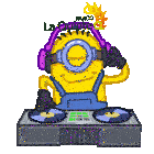a cartoon of a minion wearing headphones and a parco logo on his head