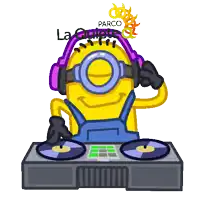 a cartoon of a minion wearing headphones and a parco logo on his head