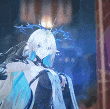 a drawing of a girl with white hair and a blue crown on her head