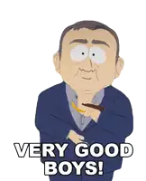 a cartoon character says very good boys on a white background