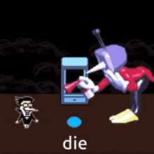 a cartoon of a robot holding a chicken with the word die in the corner