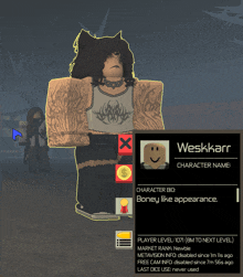 a screenshot of a video game character named weskkarr