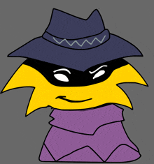 a cartoon character wearing a black hat and a purple cape