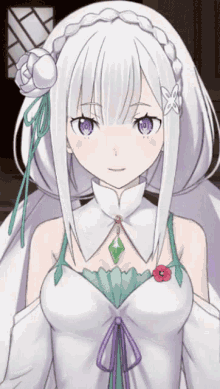 a woman with white hair and purple eyes is wearing a white dress
