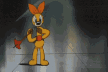 a cartoon rabbit is holding a sword and a butterfly in his hand .