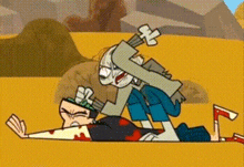 a cartoon character is laying on the ground with a gun on his back .