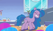 a cartoon of a purple pony with a blue mane