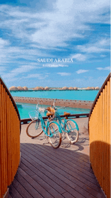 two blue bicycles are parked on a wooden walkway with a sign that says saudi arabia