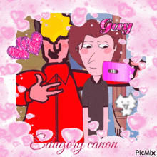 a cartoon of a man taking a picture of another man with the word gay on the bottom right