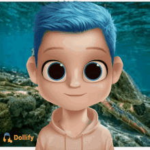 a cartoon boy with blue hair and a dollify logo