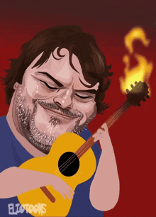 a cartoon drawing of a man holding a guitar with eliotoons written on the bottom right