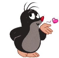 a cartoon mole is blowing a pink heart into the air