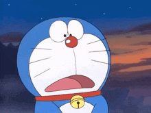 a close up of doraemon 's face with a bell around his neck