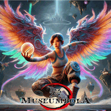 a poster for museum bola shows a woman with wings holding a basketball in her hand