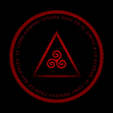 a red circle with a triangle in the center and the words " el cono siempre tendra ojos en ti " around it