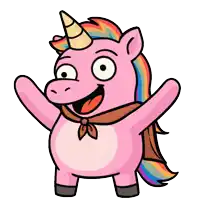 a cartoon of a pink unicorn with a rainbow mane and horn