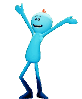 a blue cartoon character is dancing with his arms and legs outstretched