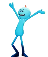 a blue cartoon character is dancing with his arms and legs outstretched