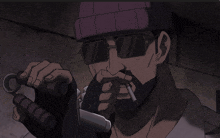 a man with a beard wearing sunglasses and a beanie smoking a cigarette
