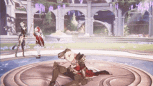 a video game scene with a knight laying on the floor