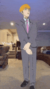 a cartoon of a man in a suit and tie is standing in a living room
