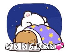 a cartoon of a bear and a white bear sleeping under a blanket .