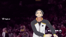 a man is standing in front of a crowd of people watching a basketball game .