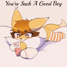 a cartoon of a fox laying on a pillow with the words you 're such a good boy