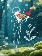 an illustration of a man playing a violin with an arrow pointing to a plant with anshucom written on the bottom