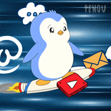 a penguin is flying on a rocket with an envelope on its foot