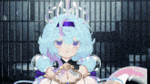 a girl with a crown on her head is sitting in a jail cell