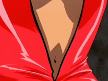 a close up of a woman 's breast in a red dress .
