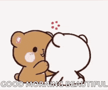 a brown and white teddy bear hugging each other with hearts around them .