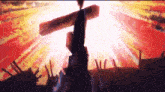 a painting of a person holding a cross in front of a bright light