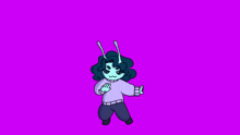 a cartoon character with a purple background is wearing a sweater