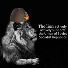 a lion wearing a hat that says the lion actively supports the union of soviet socialist republics on it