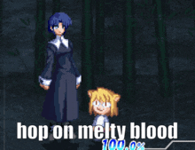 a video game screen says hop on melty blood 100.9 %