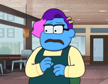 a blue cartoon character with glasses and purple hair is standing in a restaurant