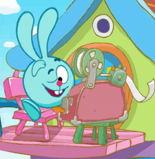 a cartoon of a rabbit sitting on a pink bench