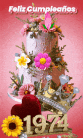 a birthday cake with flowers and the number 1974