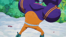 a cartoon character wearing a purple jacket and orange pants is standing on one leg