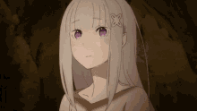 a girl with white hair and purple eyes has a butterfly on her hair