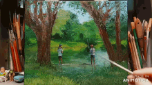 a painting of two people fishing with the words made in animatica below them