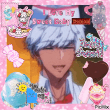a picture of a boy with the words " i love my sweet baby demon "