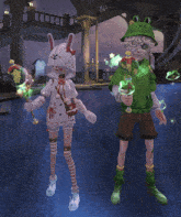 a boy in a green frog hat is standing next to a girl in a white bunny outfit
