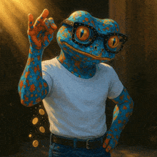 a lizard wearing glasses and a white shirt is giving a peace sign