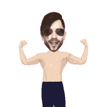 a shirtless man wearing sunglasses and a beard is flexing his muscles