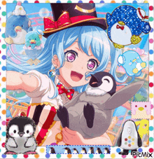 a girl with blue hair is holding a penguin in her arms